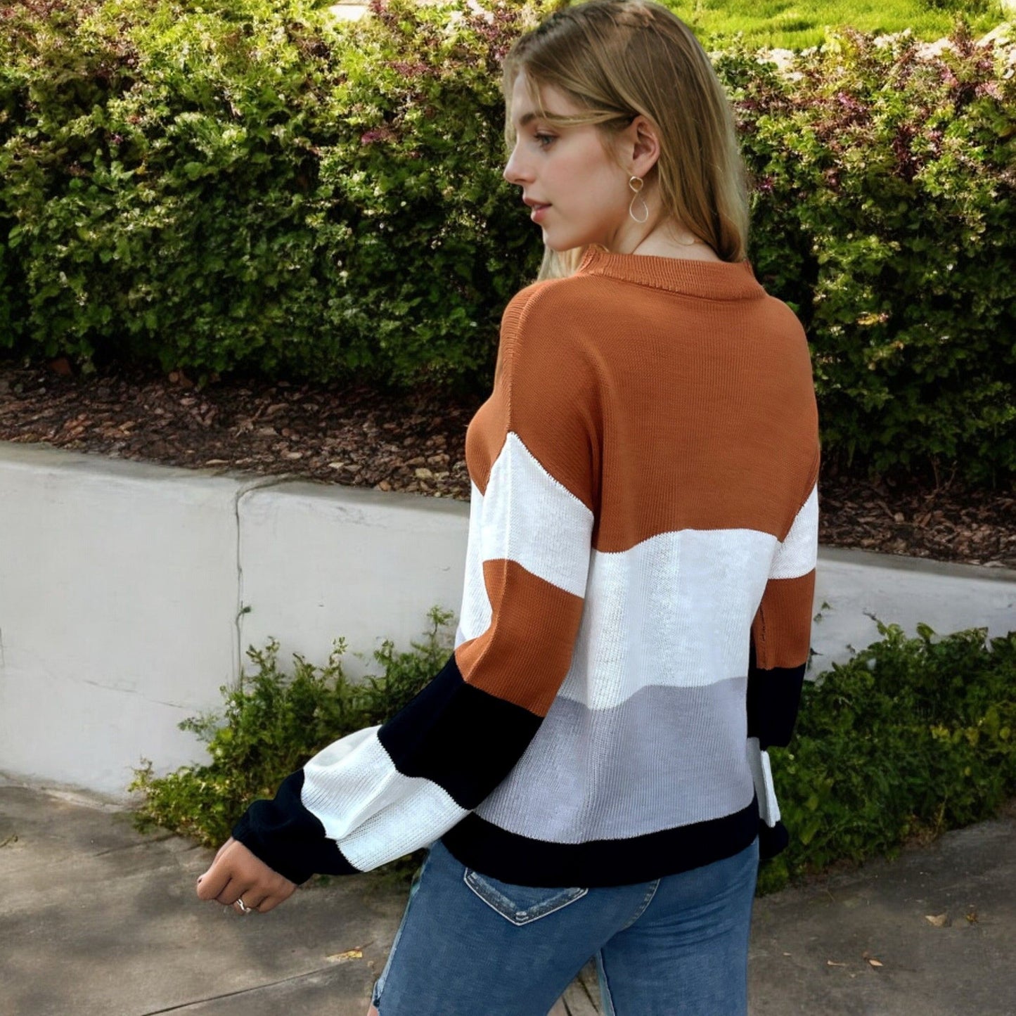 Color Block Long Sleeve Pullover Sweater with Ribbed Cuffs