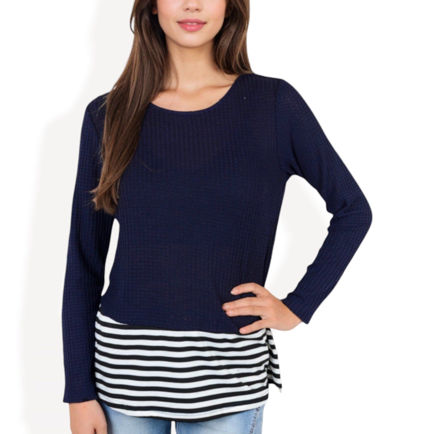 Long Sleeve Tunic with Striped Hem and Layered Look