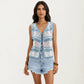 Sleeveless Striped Crochet Knit Vest with Tie Front and Open Stitch Design