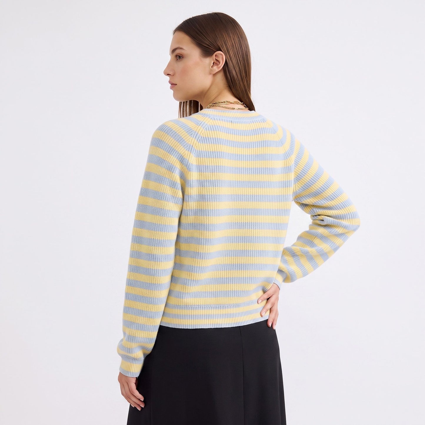 Striped Ribbed Crewneck Button Front Cardigan Sweater
