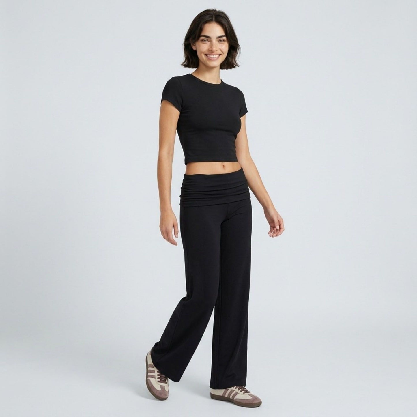 Foldover Waistband Full-Length Wide-Leg Trousers