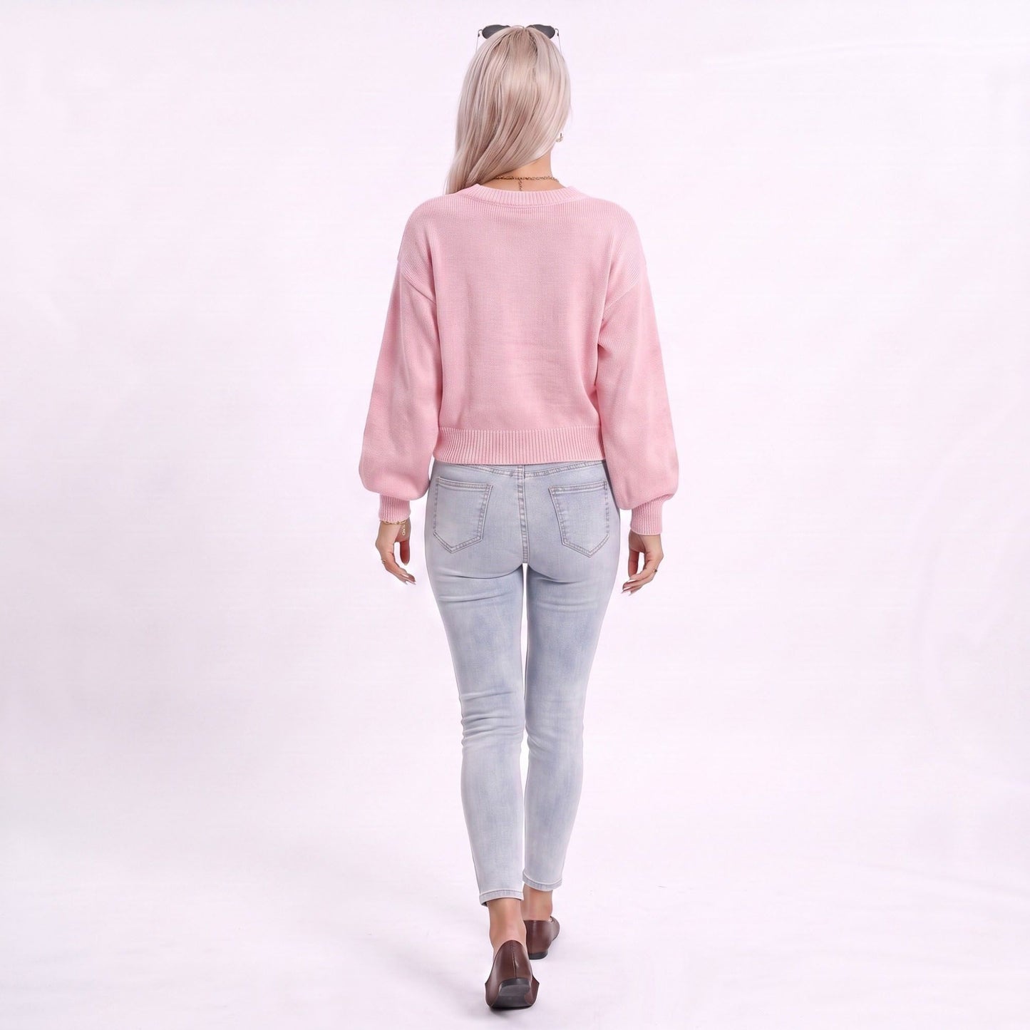 Colorful Bow Crew Neck Long Sleeve Knit Sweater