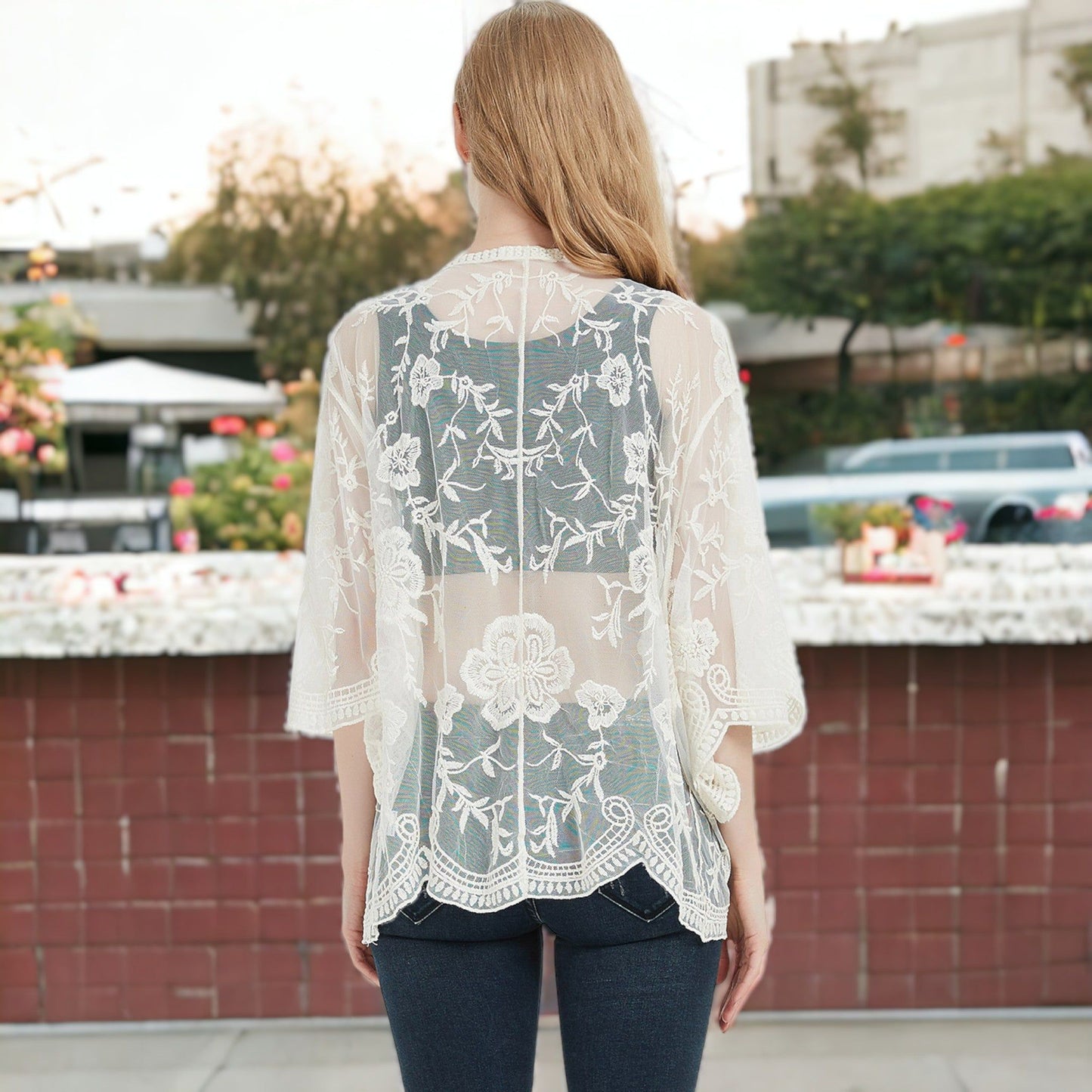 Short Embroidered Lace Duster Crop Cardigan Half Sleeves