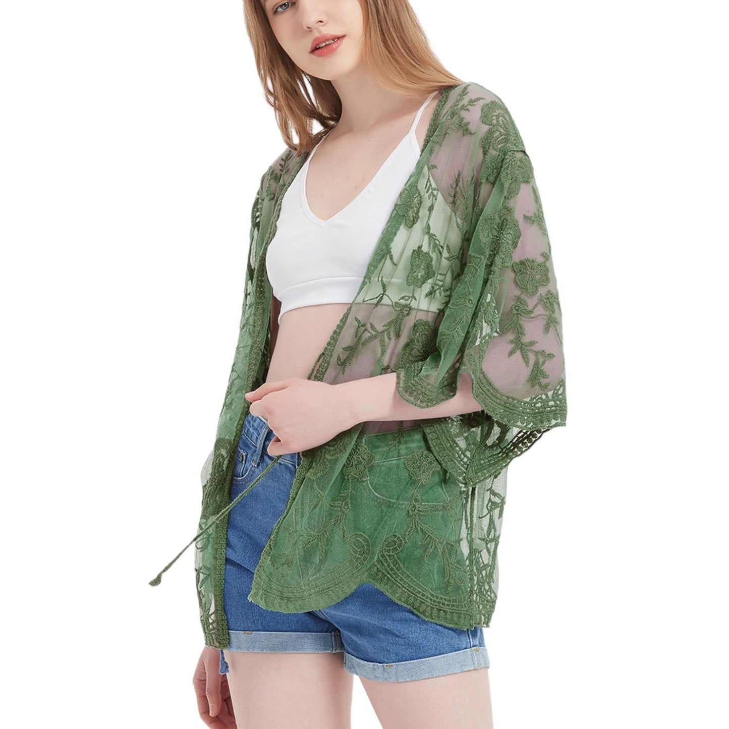 Short Embroidered Lace Duster Crop Cardigan Half Sleeves