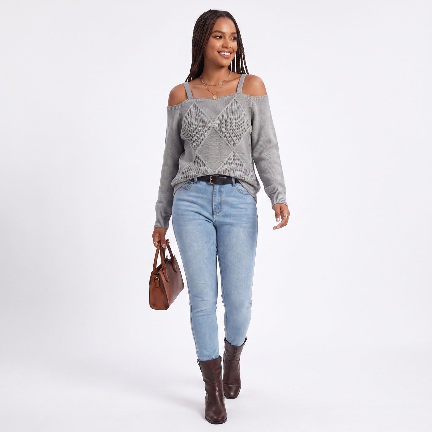 Cold Shoulder Strap Argyle Textured Long Sleeve Knit Sweater