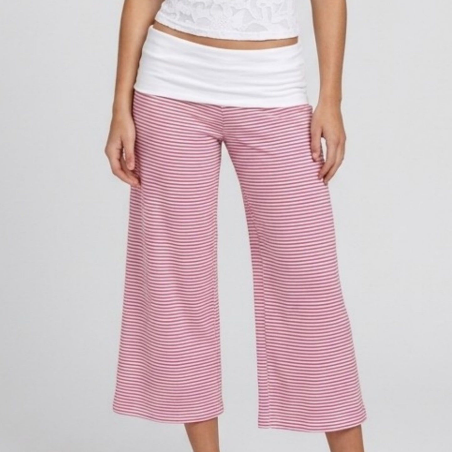 Contrast Foldover Waistband Striped Cropped Wide-Leg Trousers