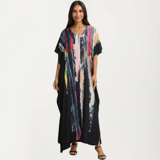 Abstract Print Maxi Caftan Dress with V-Neckline Short Sleeves and Relaxed Draped Silhouette