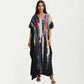 Abstract Print Maxi Caftan Dress with V-Neckline Short Sleeves and Relaxed Draped Silhouette