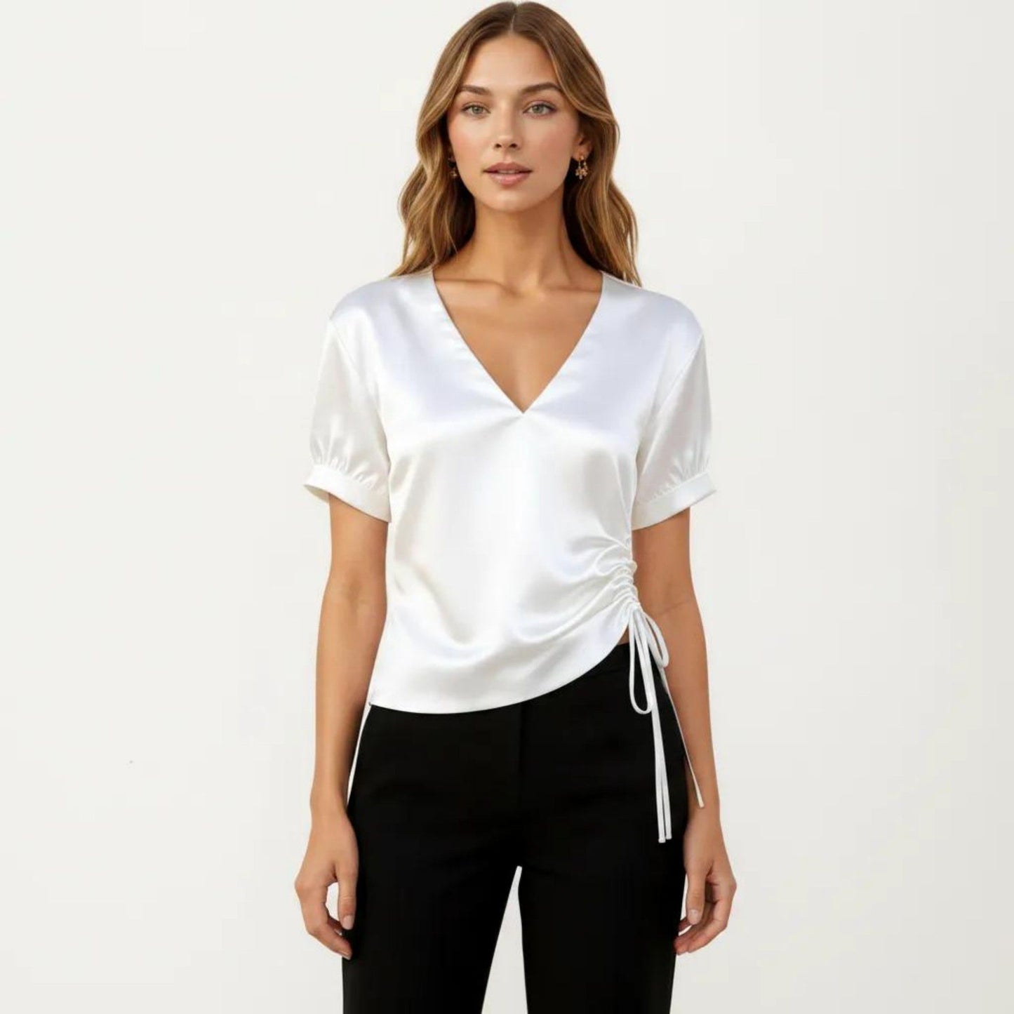 Satin V Neck Blouse with Puff Sleeves and Side Ruched Drawstring