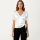 Satin V Neck Blouse with Puff Sleeves and Side Ruched Drawstring