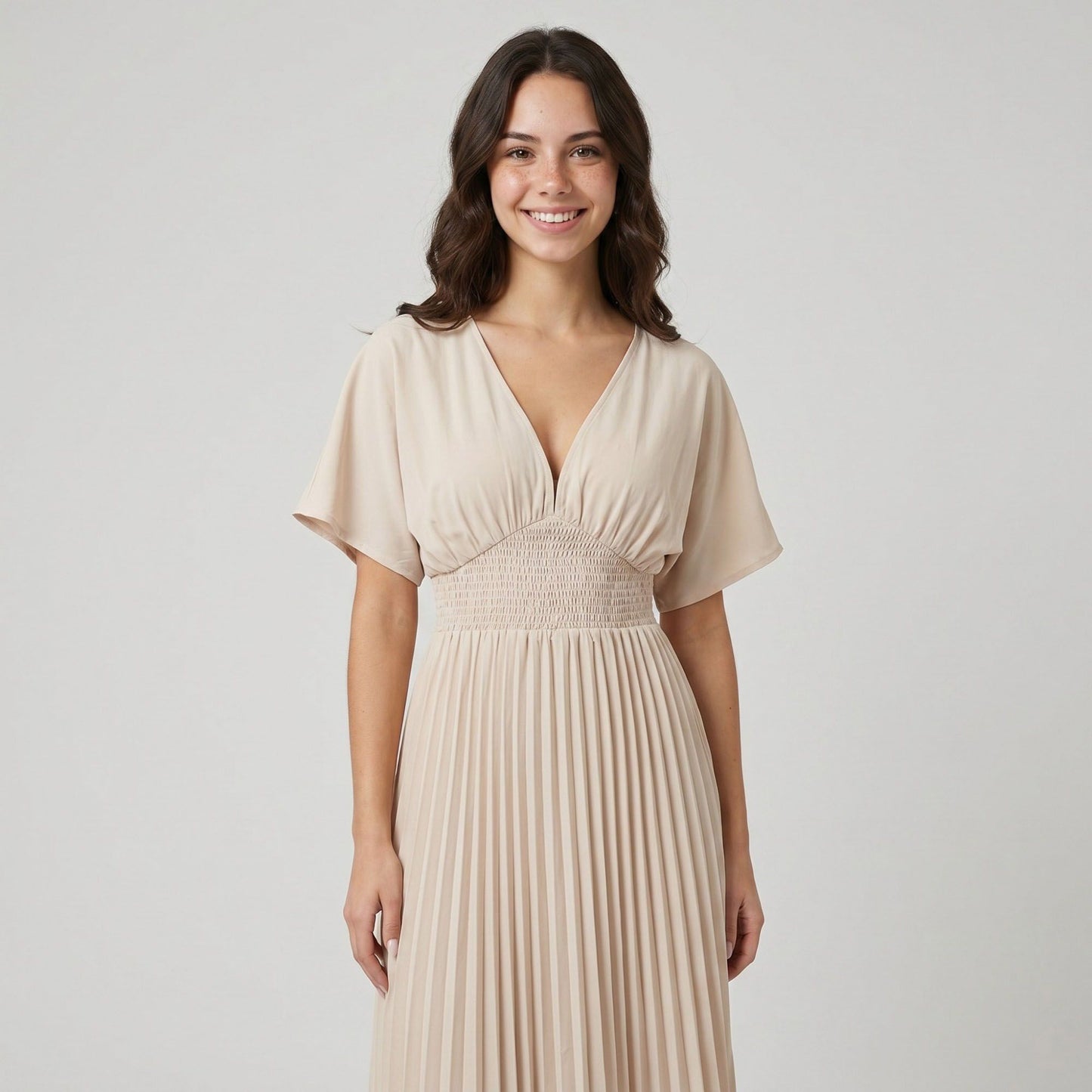 Pleated Maxi Dress with V-Neckline Short Flutter Sleeves Smocked Waist and Flowy A-Line Skirt