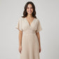 Pleated Maxi Dress with V-Neckline Short Flutter Sleeves Smocked Waist and Flowy A-Line Skirt