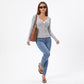 Ribbed Lace Inset V-Neck Button Long Sleeve Top