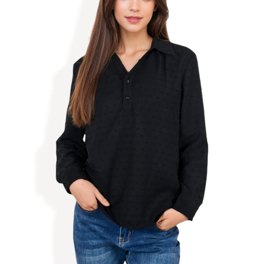 Long Sleeve Textured Blouse Button-Up Detail Spread Collar