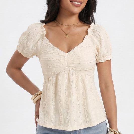 Textured Puff Sleeve Peplum Blouse