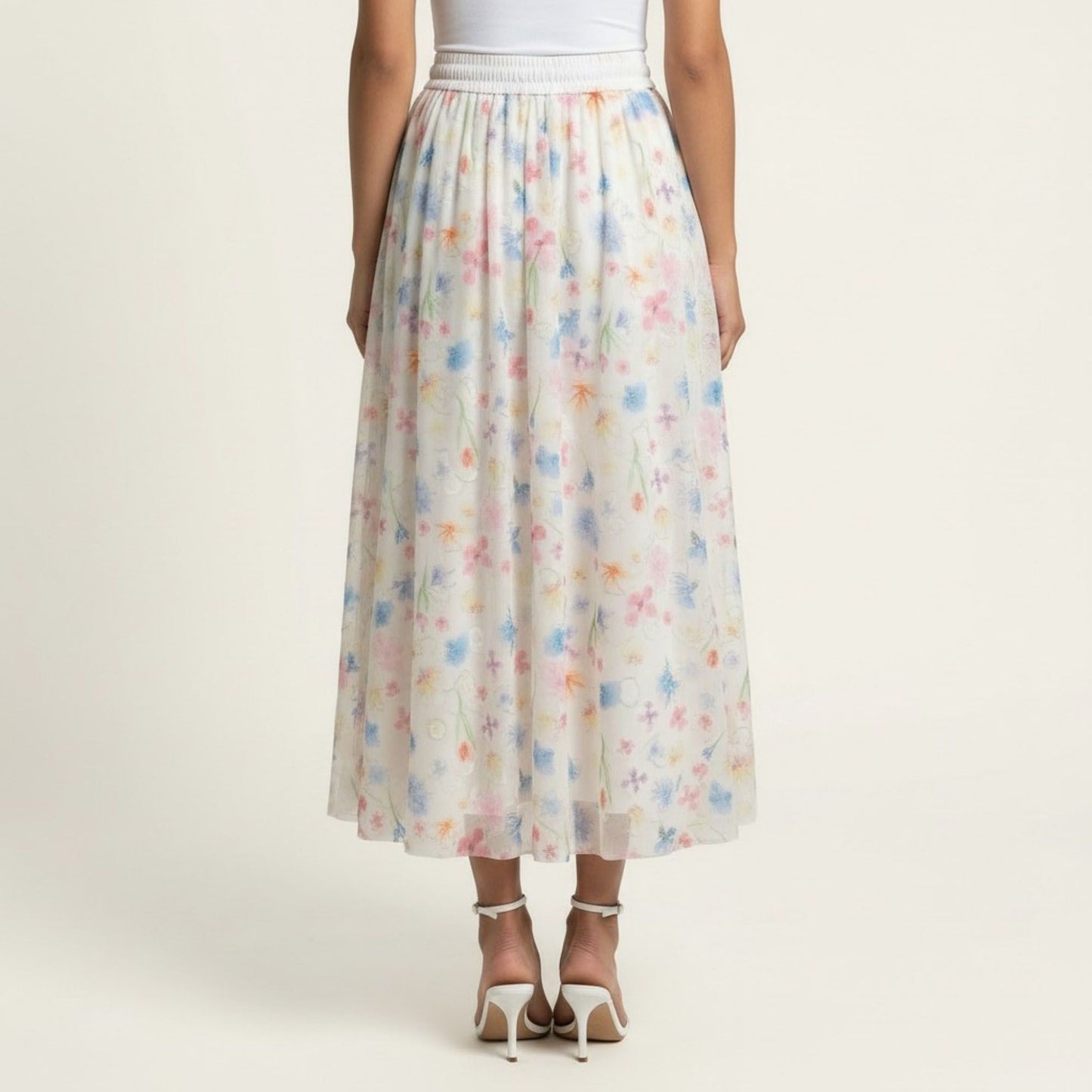 Floral Midi Skirt Elastic Waist Flowy Lightweight Chiffon A Line Casual Skirt