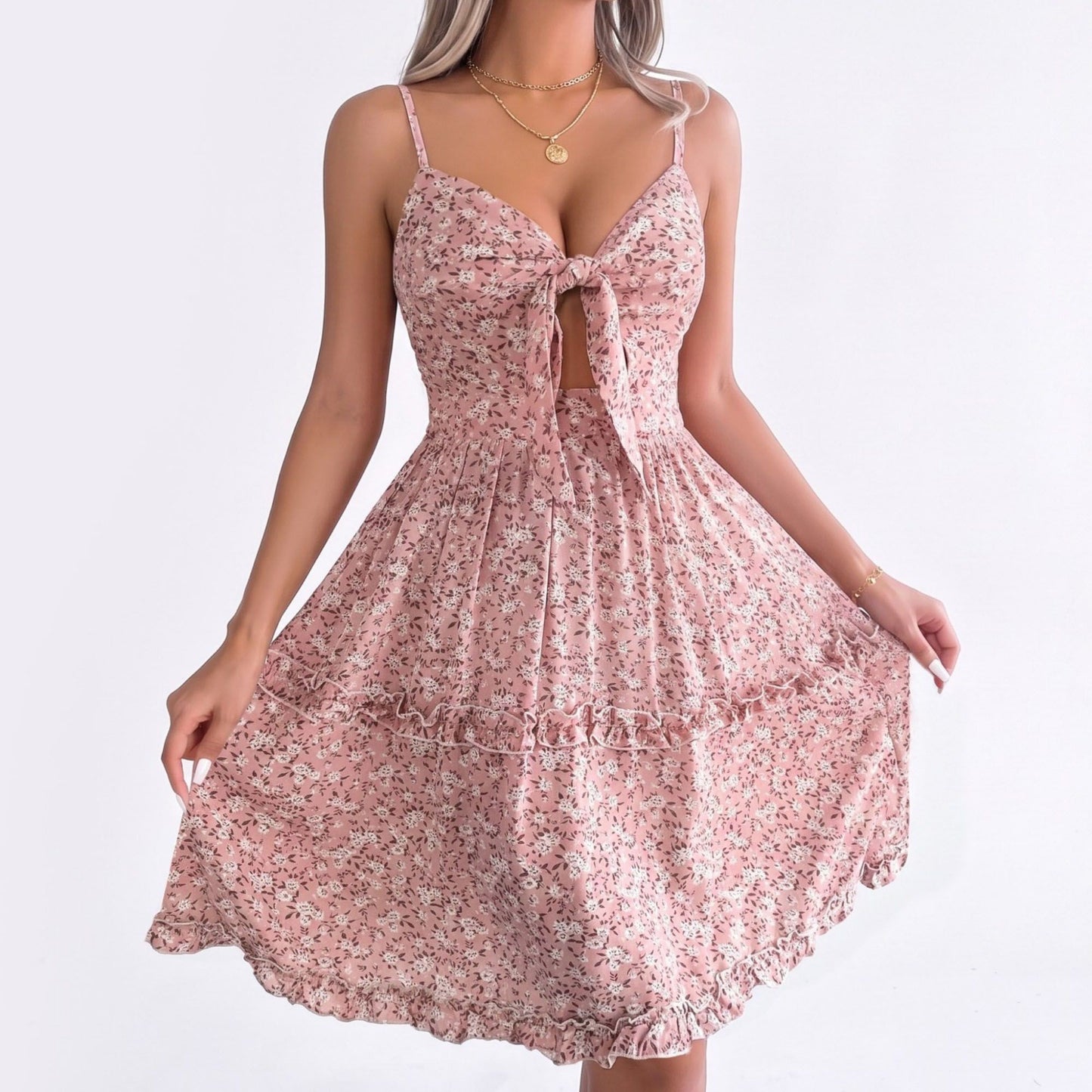 Floral Tie Front Cutout Smocked Ruffle Tiered Dress