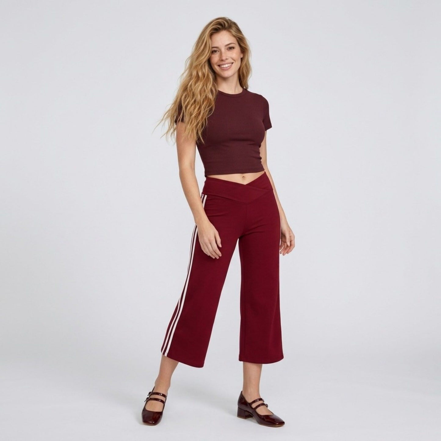 Crossover Waistband Side-Stripe Cropped Wide-Leg Trousers