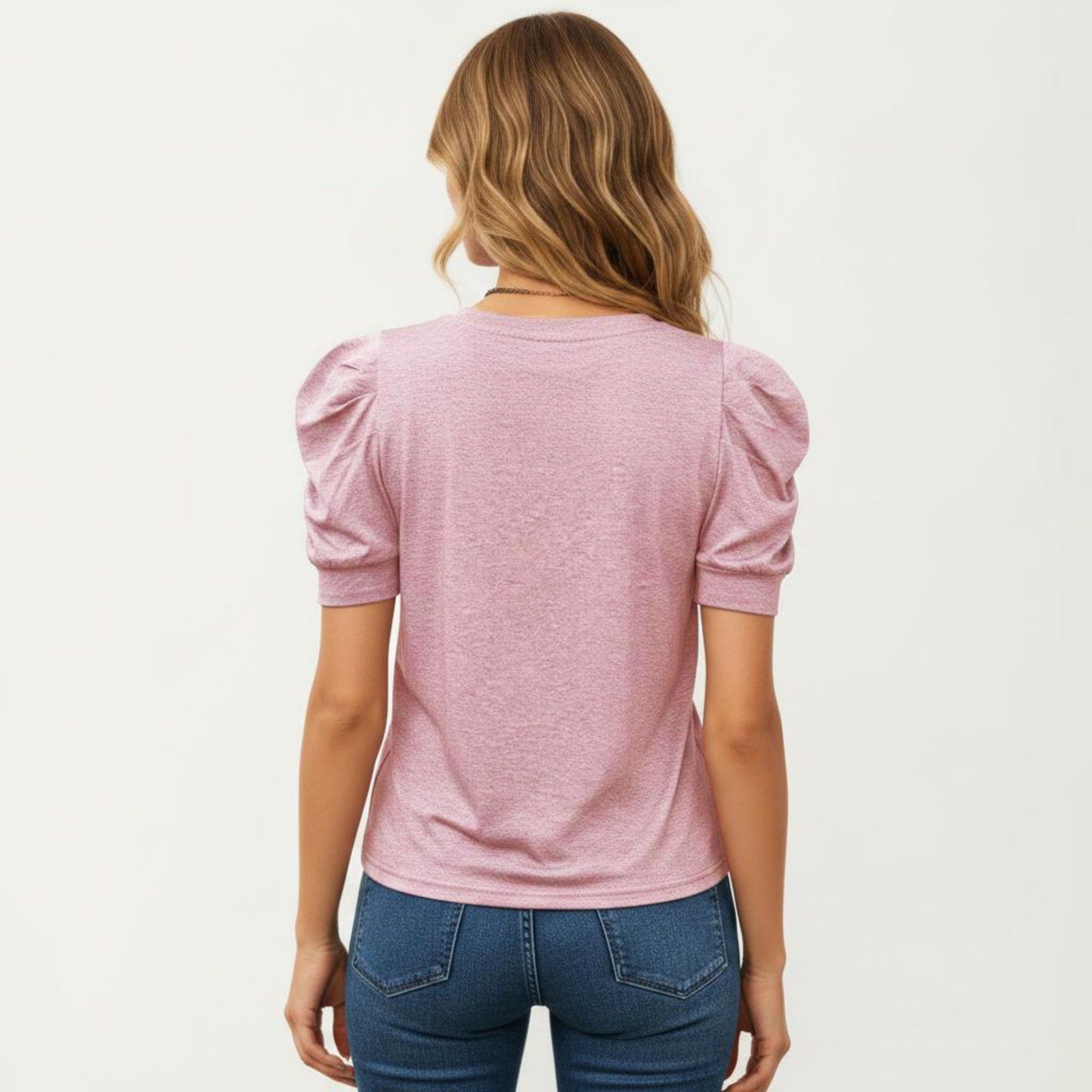 Short Sleeve Puff Sleeve Knit Top with Crew Neck and Soft Textured Fabric