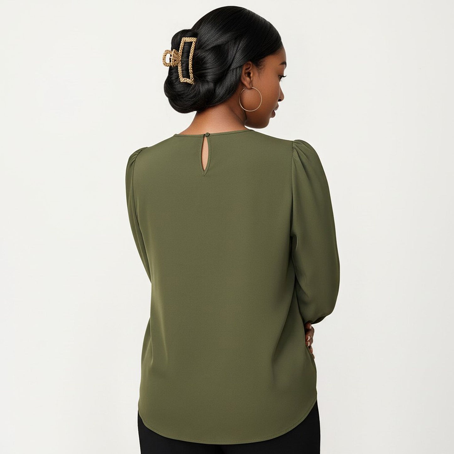 Plus Size Long Sleeve Keyhole Neck Pullover Blouse with Soft Draped Fabric and Relaxed Fit