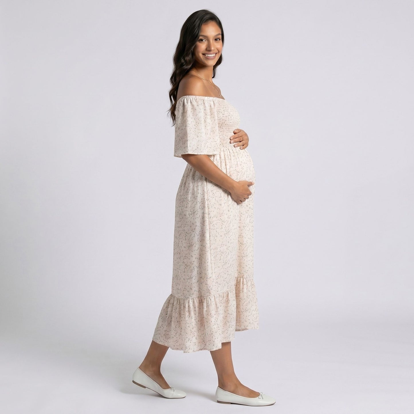 Maternity Floral Square Neck Midi Dress with Smocked Bodice and Flutter Sleeves