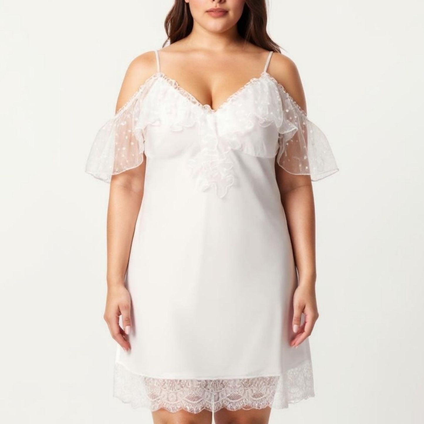 Plus Size Chiffon Chemise Ruffle Sleeve Lace Trim Nightgown Adjustable Strap Sleep Dress
