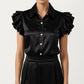Satin Button Down Blouse with Ruffle Sleeves and Collared Neckline