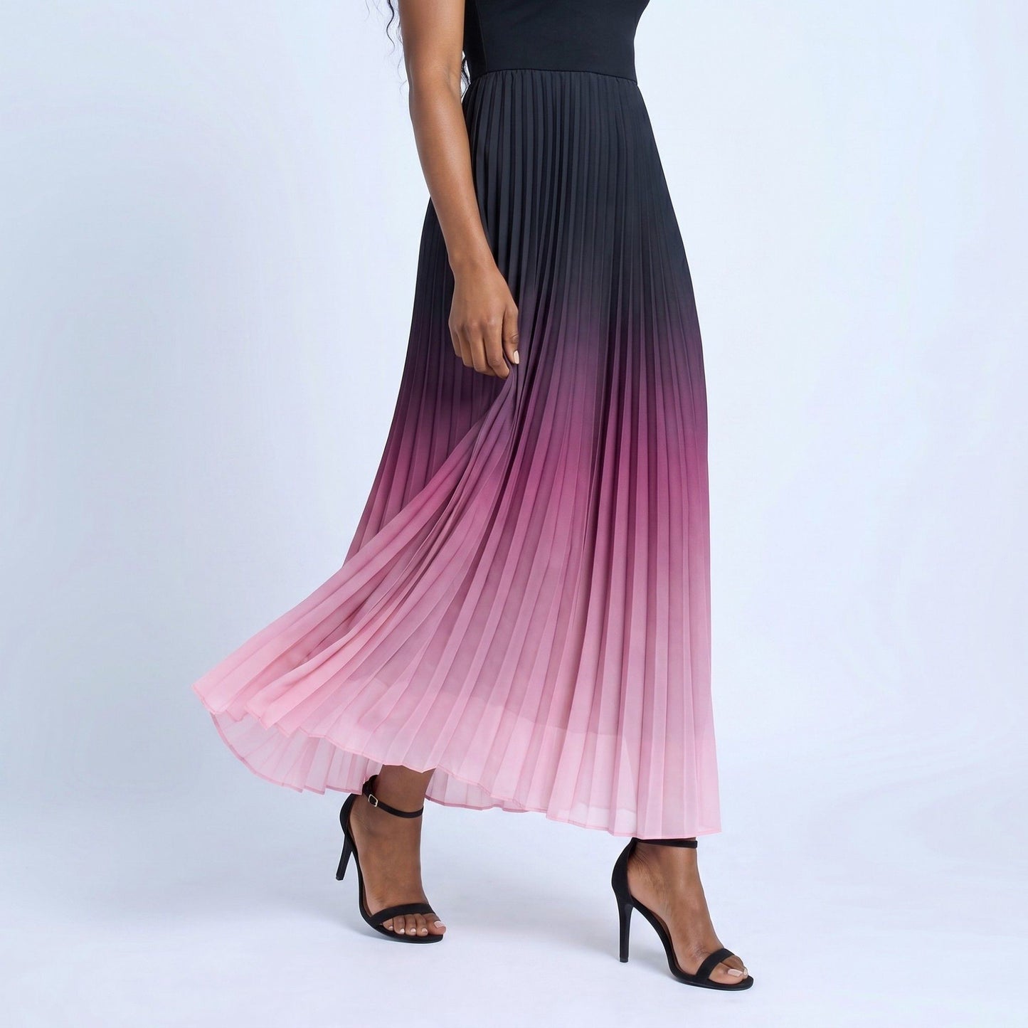 Sleeveless High Neck Pleated Ombre A-Line Maxi Dress with Flowy Skirt