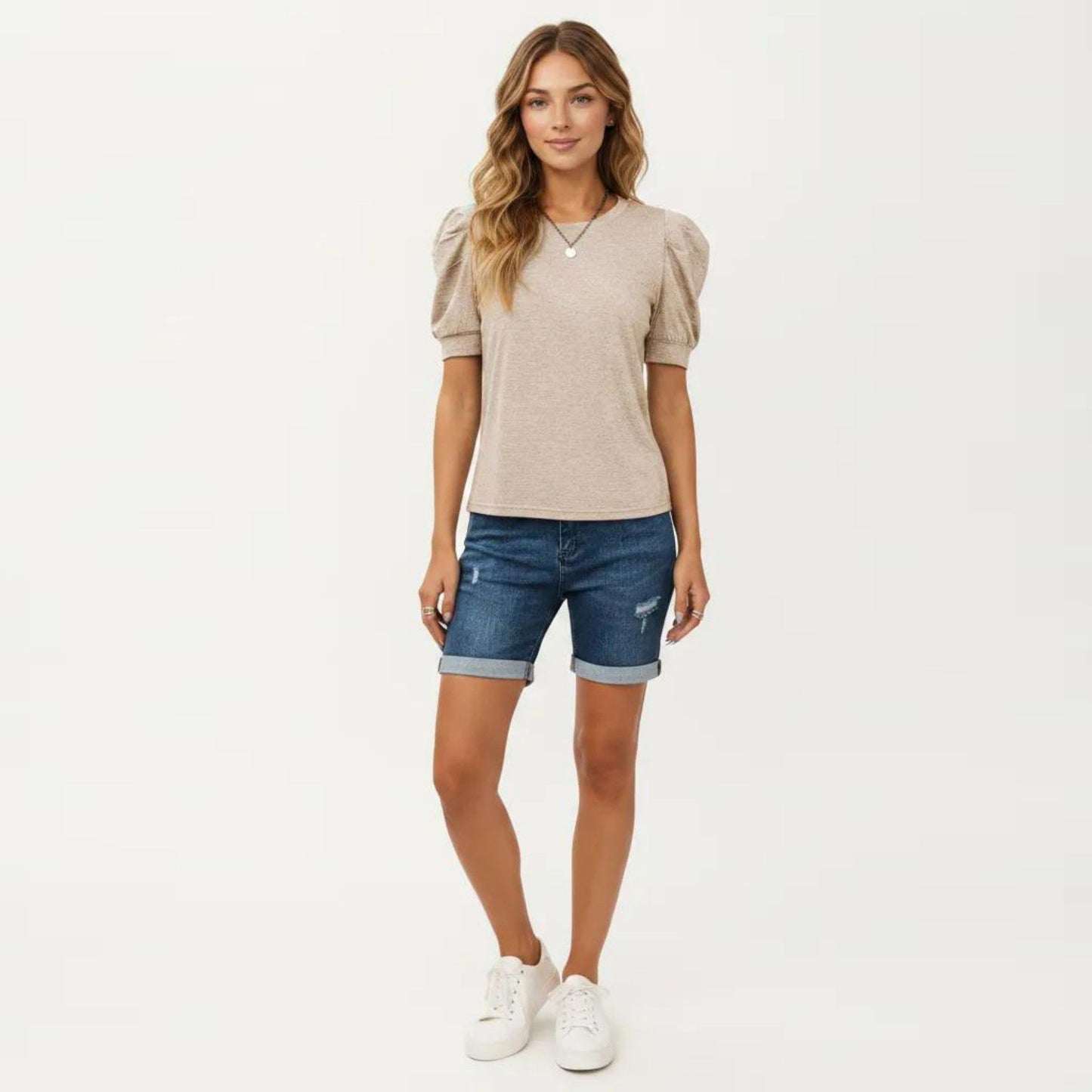 Short Sleeve Puff Sleeve Knit Top with Crew Neck and Soft Textured Fabric
