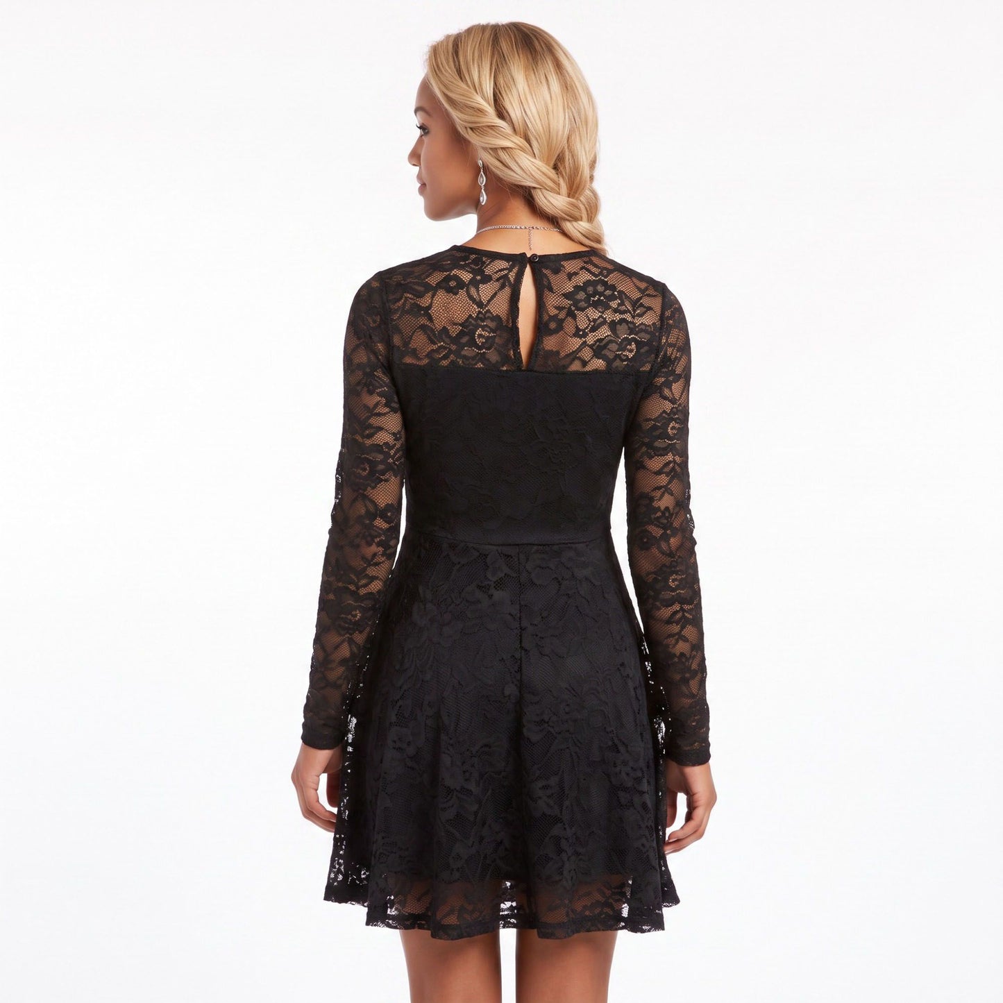 Floral Lace Mini Dress Sheer Long Sleeve Crew Neck Fit and Flare