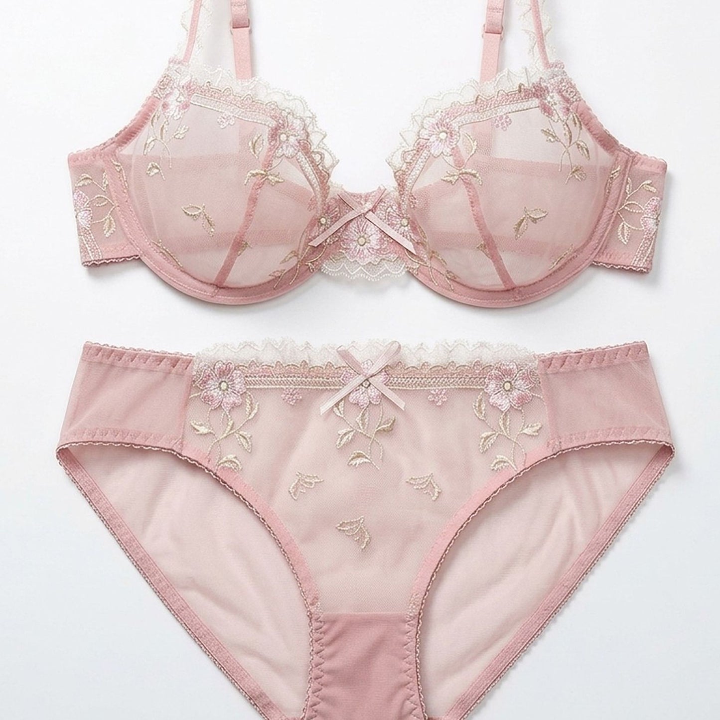 Delicate Floral Embroidered Sheer Lace Underwire Bra and Panty Set