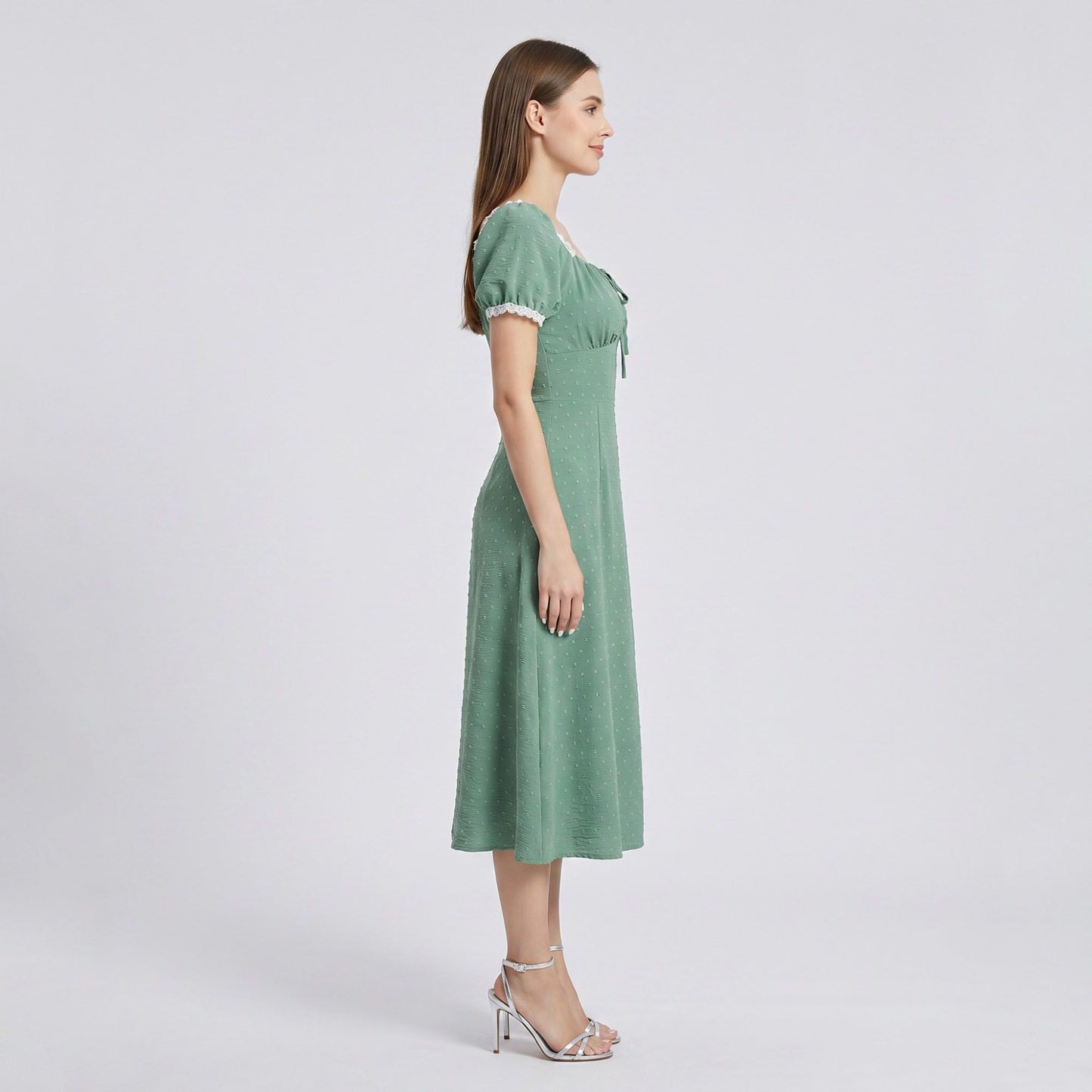 Swiss Dot Puff Sleeve Midi Dress with Lace Trim Square Neckline Tie Front Detail Front Slit and Fitted Bodice