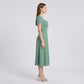 Swiss Dot Puff Sleeve Midi Dress with Lace Trim Square Neckline Tie Front Detail Front Slit and Fitted Bodice