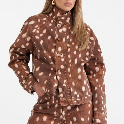 Spotted Print Denim Jacket High Neck Button Front Relaxed Fit Coat