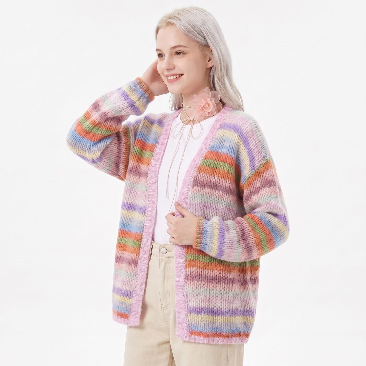 Multicolor Striped Open Front Knit Cardigan Sweater