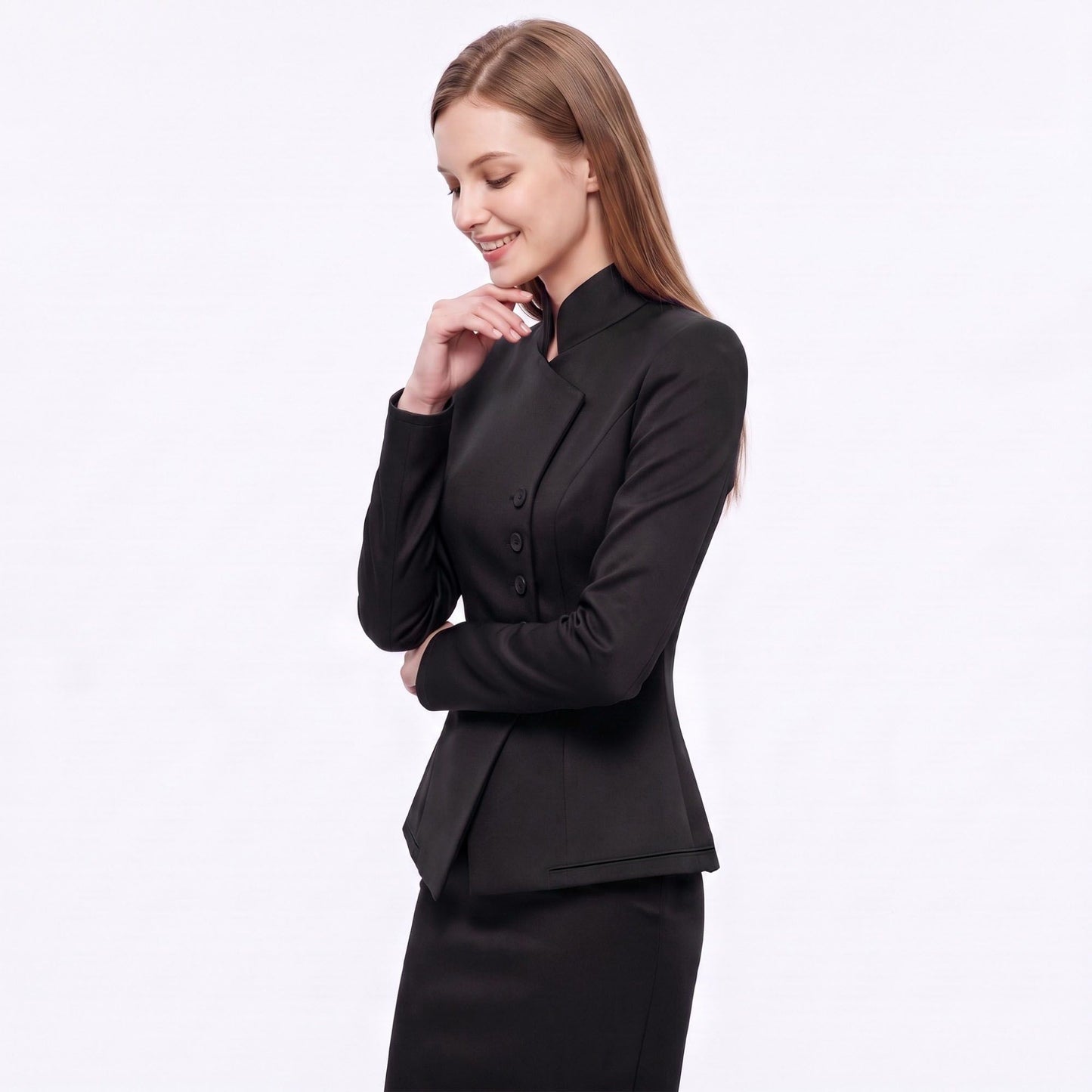 Asymmetric Button Front Blazer with Stand Collar and Peplum Hem