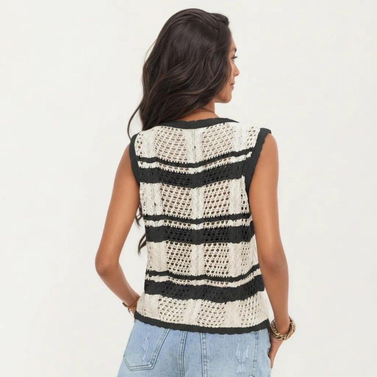 Sleeveless Striped Crochet Knit Vest with Tie Front and Open Stitch Design