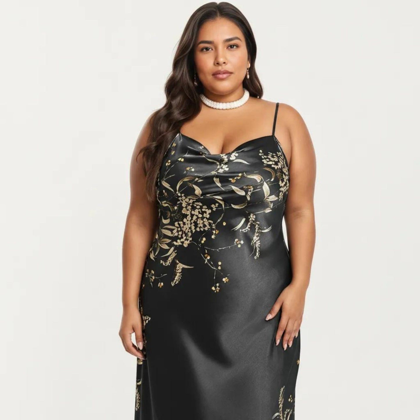 Plus Size Satin Floral Slip Nightgown with Adjustable Spaghetti Straps Cowl Neck Midi Length Sleepwear Dress