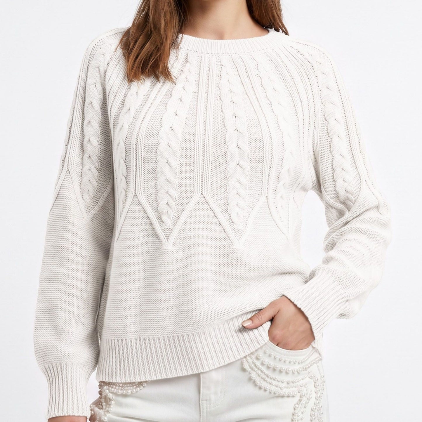 Cable Knit Crew Neck Long Sleeve Pullover Sweater