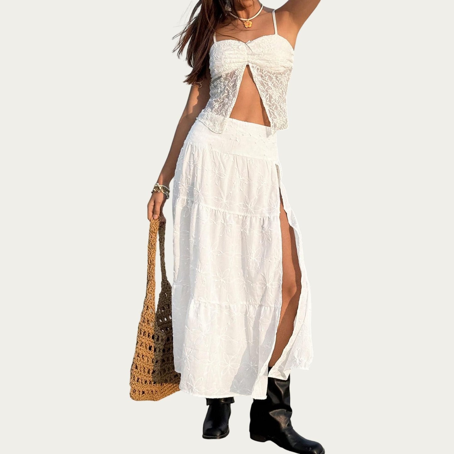 Embroidered Floral Tiered Maxi Skirt with Side Slit