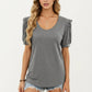 Short Puff Sleeve Top with Scoop Neck Textured Knit Relaxed Fit Casual Shirt