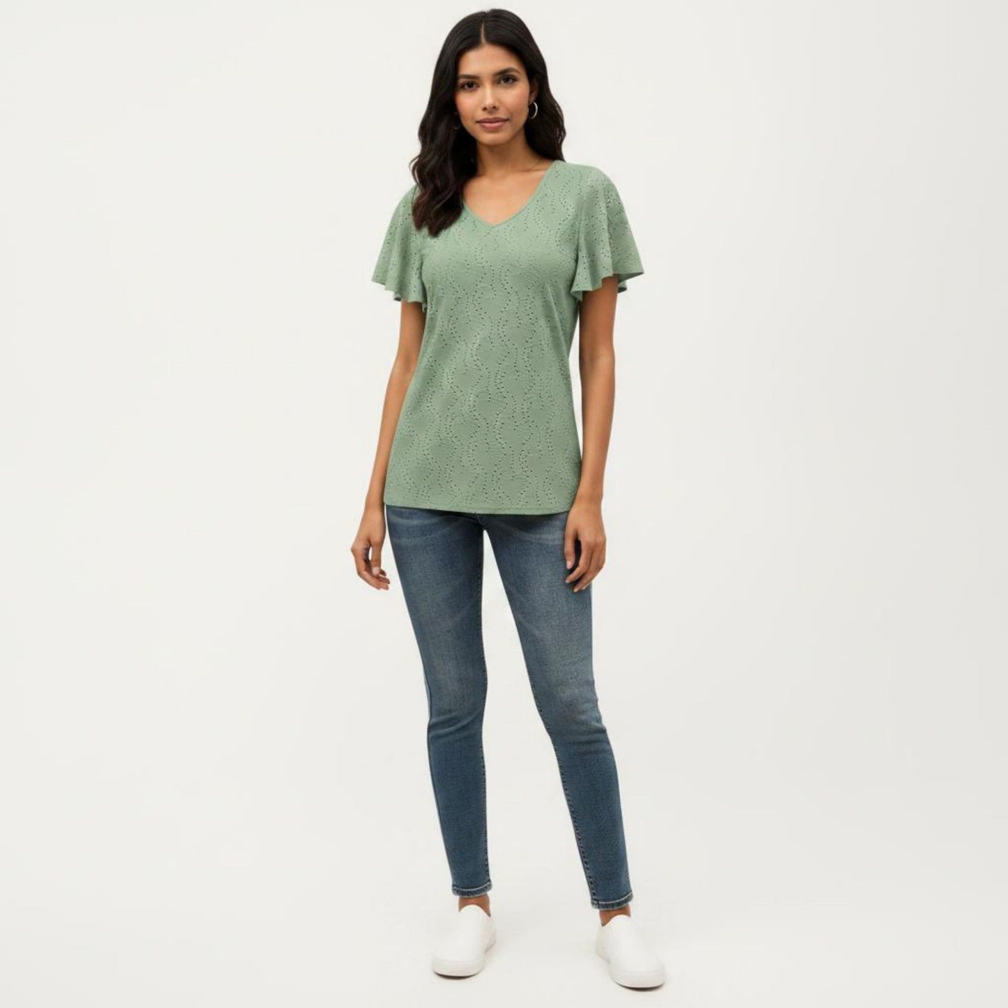 Short Sleeve Eyelet V-Neck Top with Floral Embroidery and Flutter Sleeves