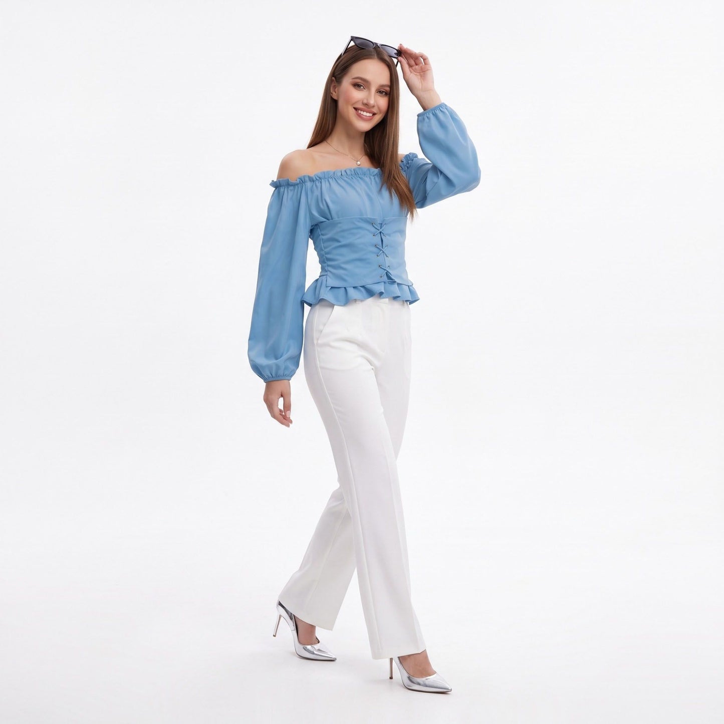 Off Shoulder Lace Up Corset Long Sleeve Peplum Blouse