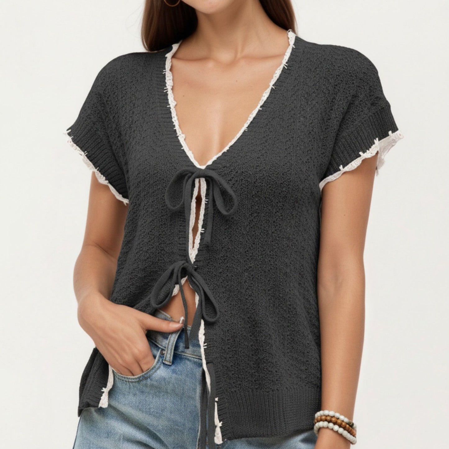 Short Sleeve Knit Cardigan Top with V-Neck Tie Front and Contrast Trim
