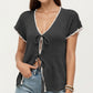 Short Sleeve Knit Cardigan Top with V-Neck Tie Front and Contrast Trim