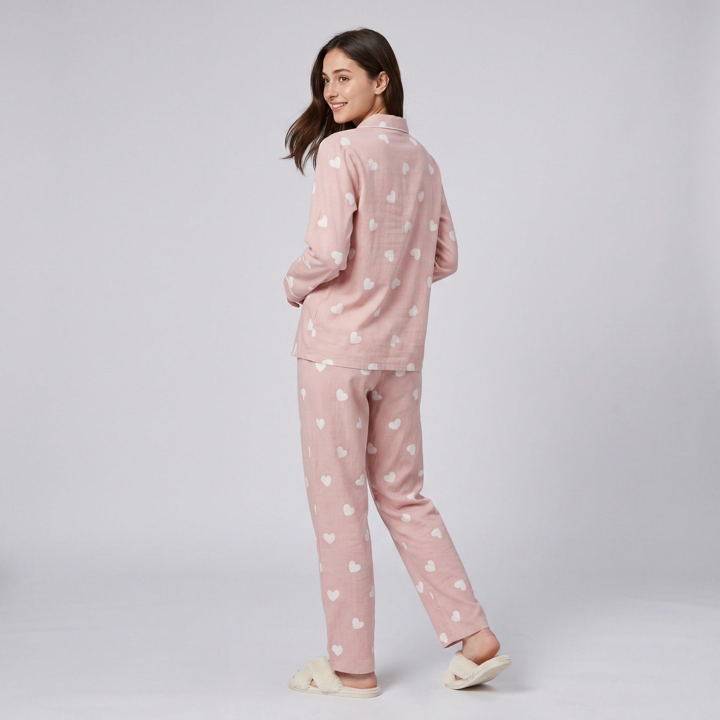 2-Piece Set Heart Print Button Front Pajama Top and Straight Leg Lounge Pants