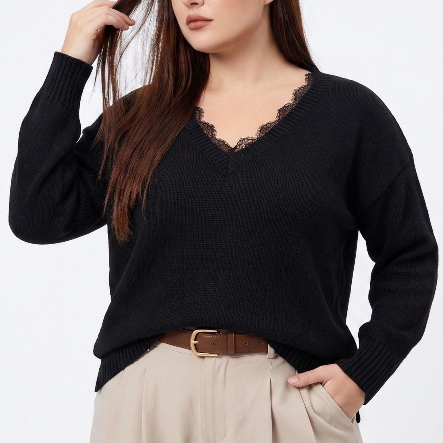 Plus Size Lace Trim V-Neck Relaxed Fit Sweater
