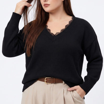 Plus Size Lace Trim V-Neck Relaxed Fit Sweater