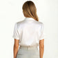 Satin Bow Neck Blouse with Short Sleeves and Smooth Draped Finish