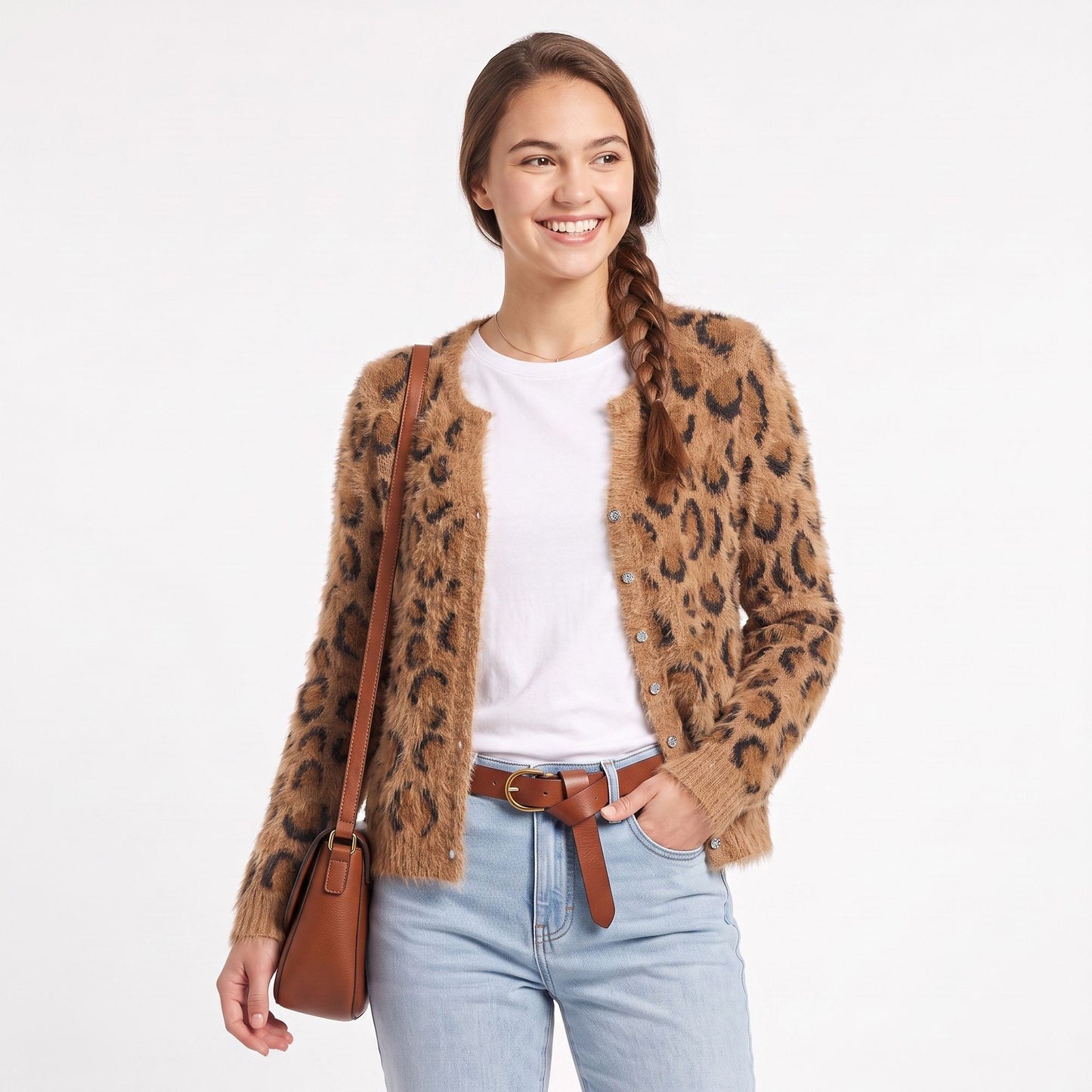 Fuzzy Leopard Print Button Front Cardigan Sweater